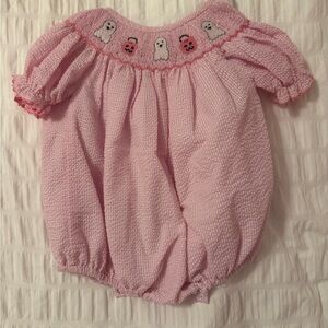 Pink Baby Smock with Ghost and Pumpkin Embroidery